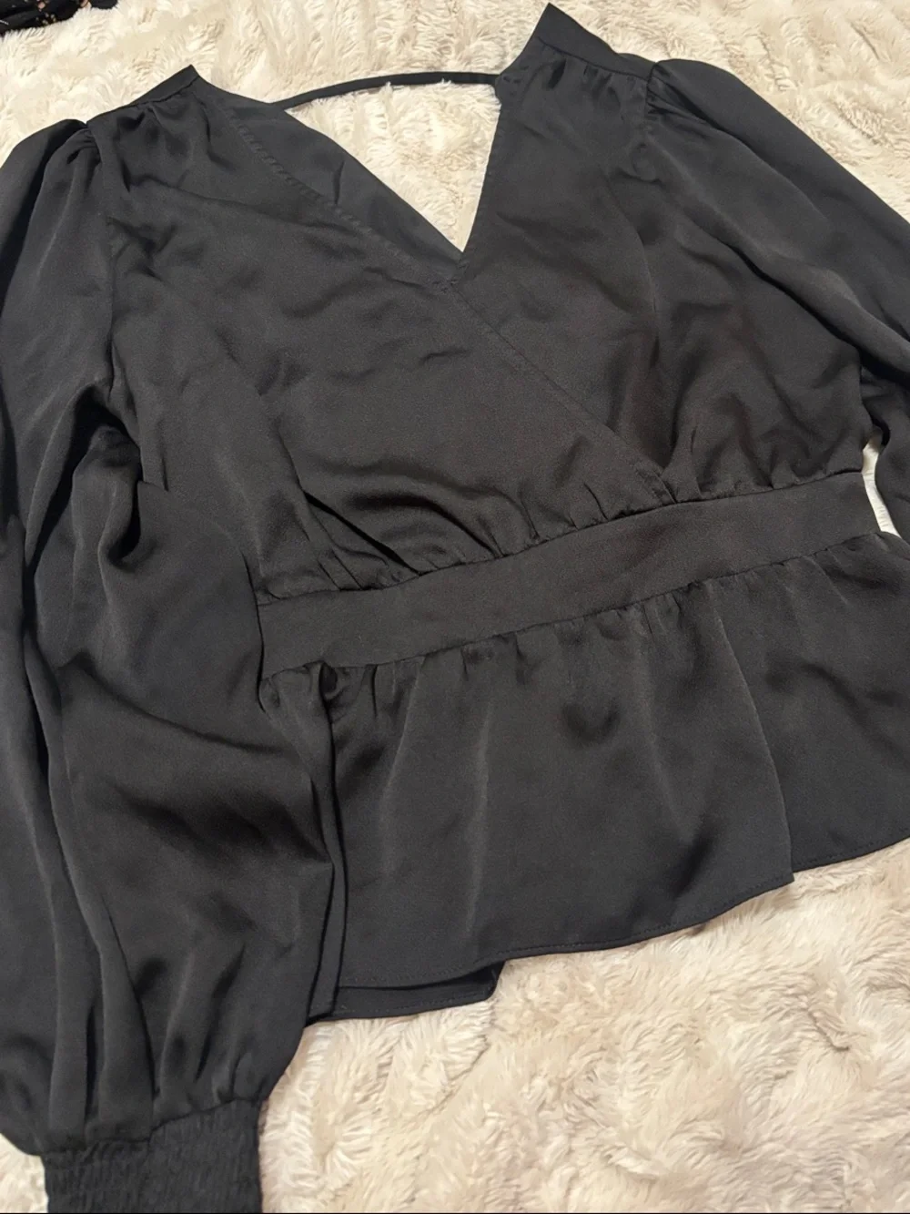 Express Black V-Neck Peplum Blouse with Puff Sleeves